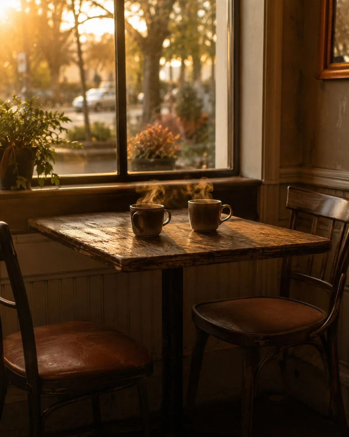 Two empty chairs and warm mugs in golden-hour light — an inviting spot for a first conversation.