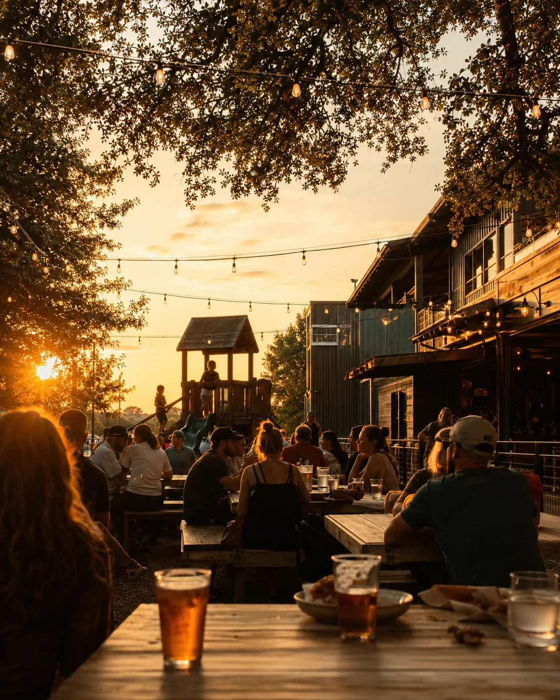 Golden-hour gathering at a neighborhood brewery patio — communal tables, string lights, families lingering as the sky shifts to peach.